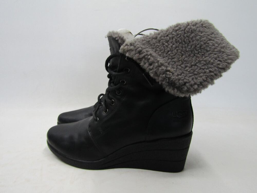 UGG Womens Size 9 M Black Leather Zip Wedge Ankle Fashion Boots Bootie
